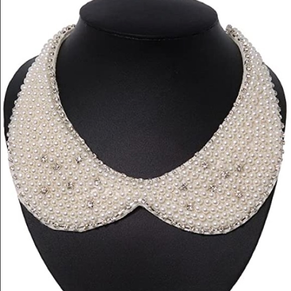 White Simulated Pearl Clear Crystal Felt Peter Pan Collar Necklace - Picture 5 of 7